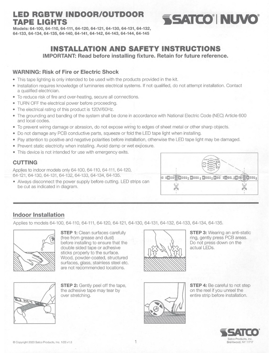 SATCO NUVO 64100 INSTALLATION AND SAFETY INSTRUCTIONS Pdf Download