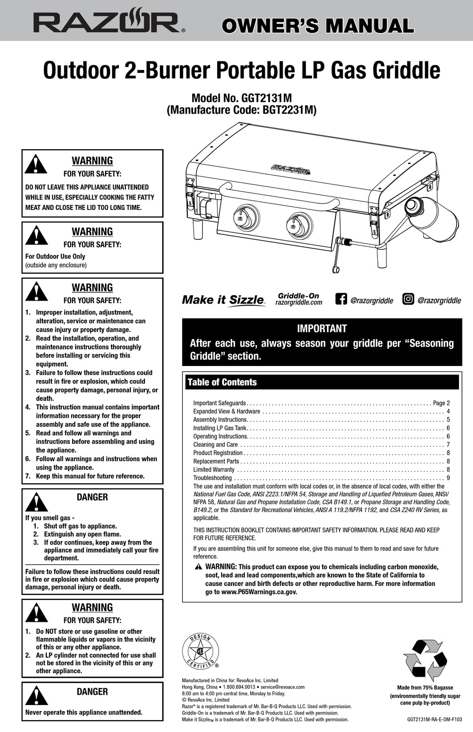 RAZOR BGT2231M OWNER'S MANUAL Pdf Download ManualsLib