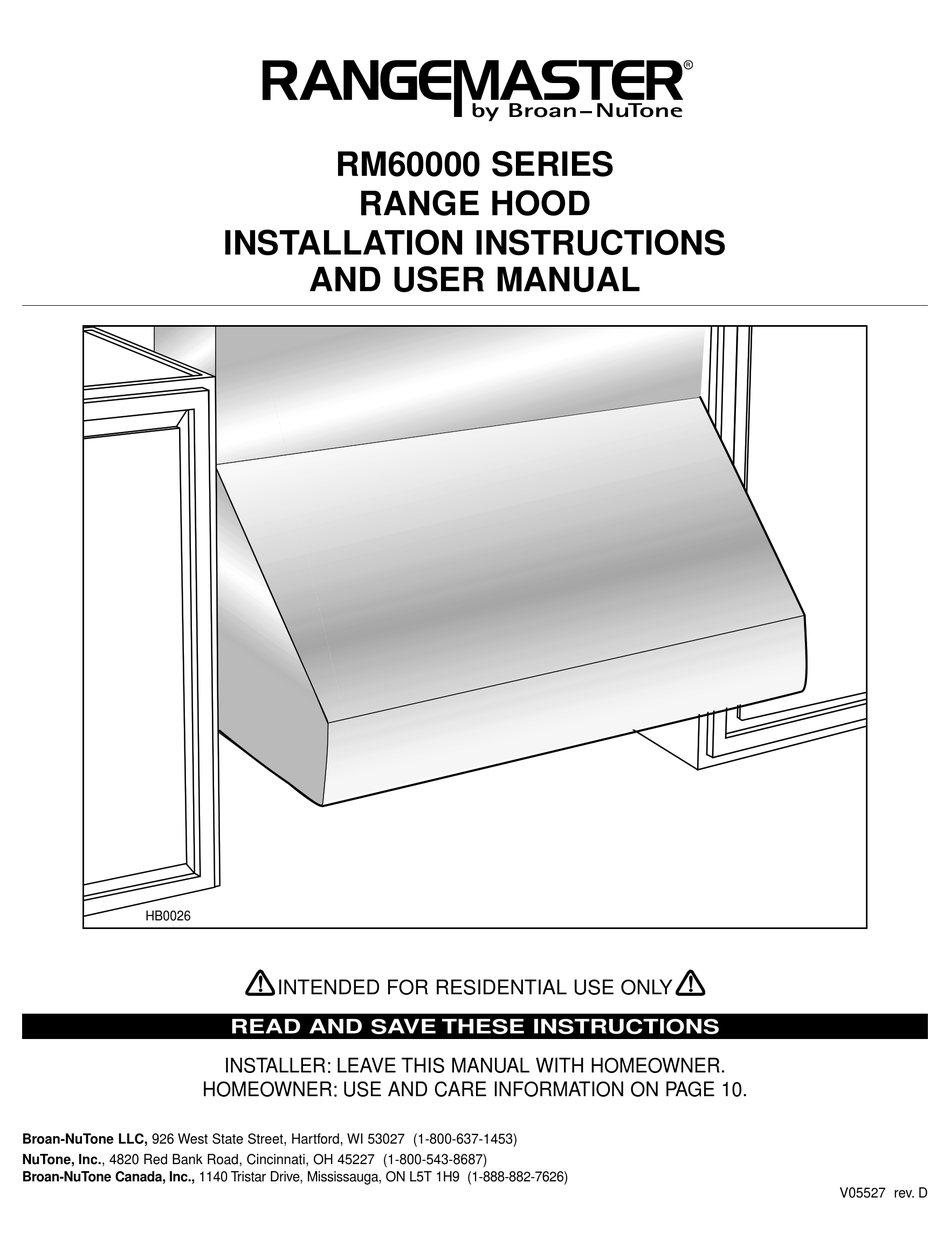 NUTONE RANGEMASTER RM60000 SERIES INSTALLATION INSTRUCTIONS AND USER