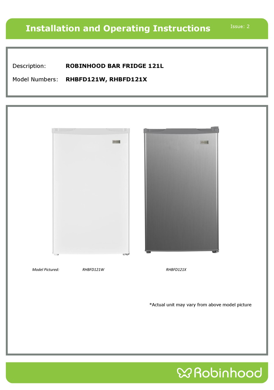ROBINHOOD RHBFD121W INSTALLATION AND OPERATING INSTRUCTIONS MANUAL Pdf
