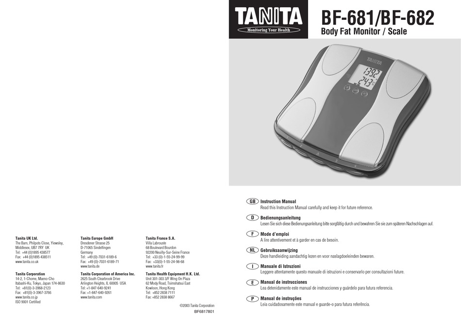Tanita BF-681W Body Fat Monitor Calculator Scale Multi Person (4) Settings