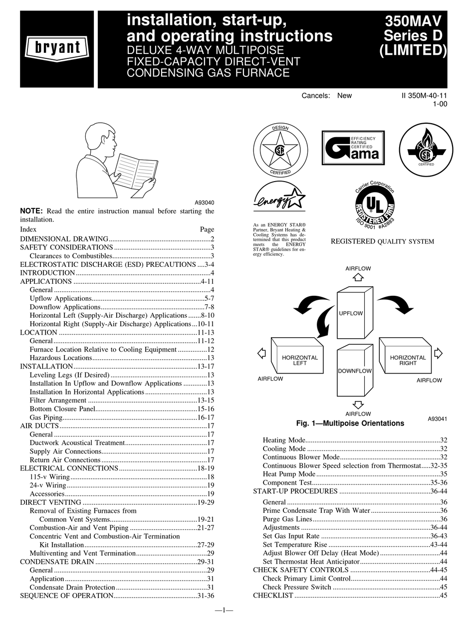 BRYANT D SERIES INSTALLATION, START-UP, AND OPERATING INSTRUCTIONS ...