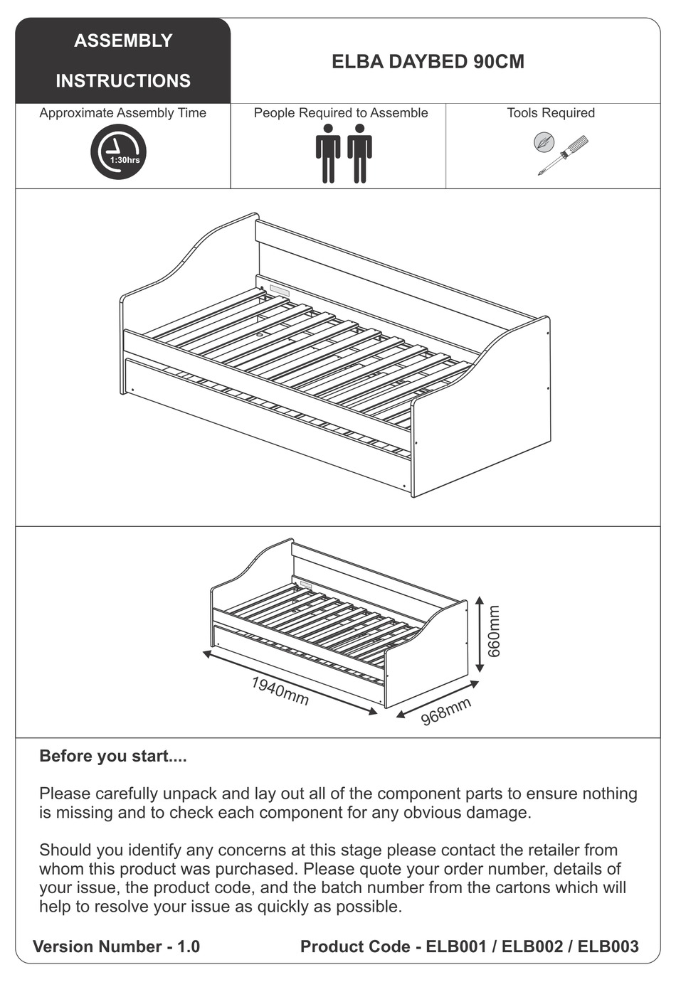 JULIAN BOWEN ELBA DAYBED 90CM ELB001 ASSEMBLY INSTRUCTIONS MANUAL Pdf