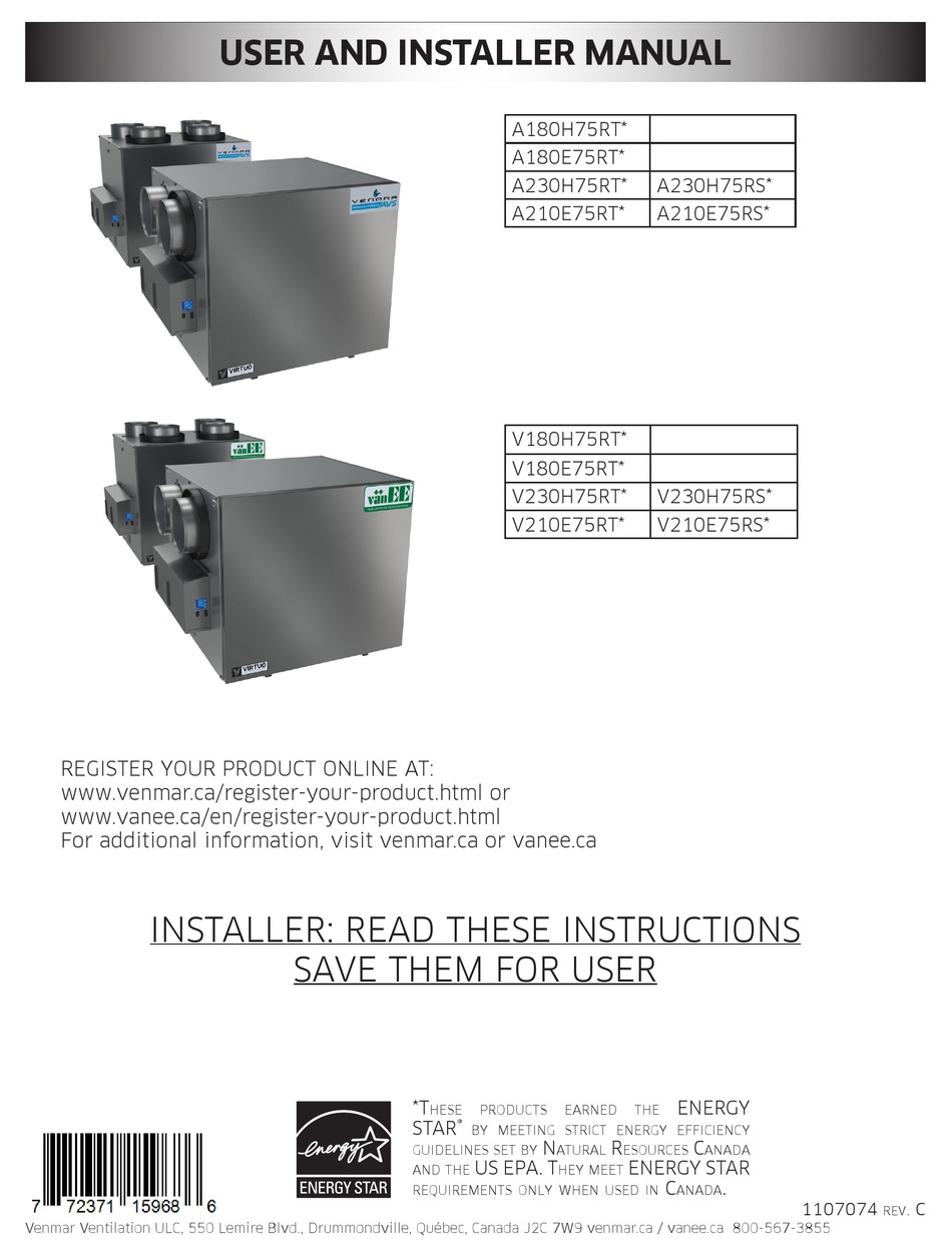 VENMAR A180H75RT SERIES USER'S AND INSTALLER'S MANUAL Pdf Download