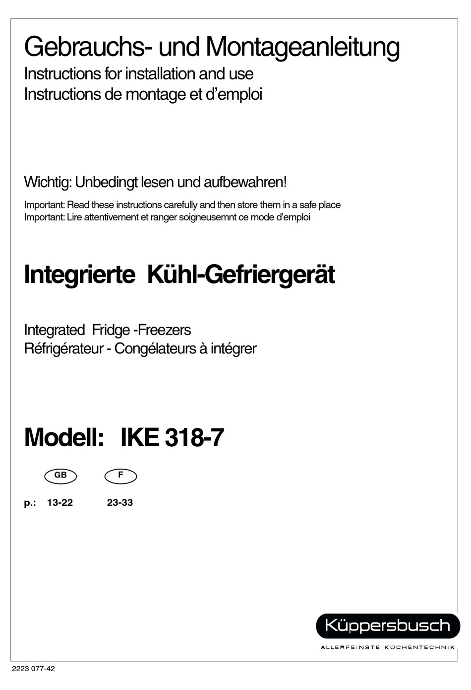 KUPPERSBUSCH IKE 3187 INSTRUCTIONS FOR INSTALLATION AND USE MANUAL Pdf