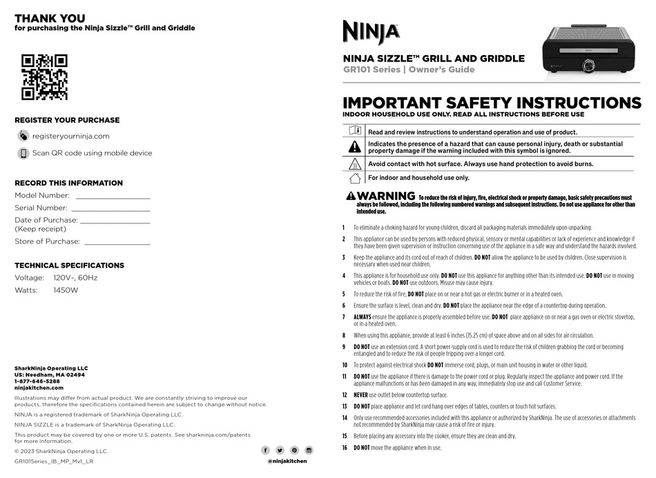 NINJA SIZZLE GR101 SERIES OWNER'S MANUAL Pdf Download ManualsLib
