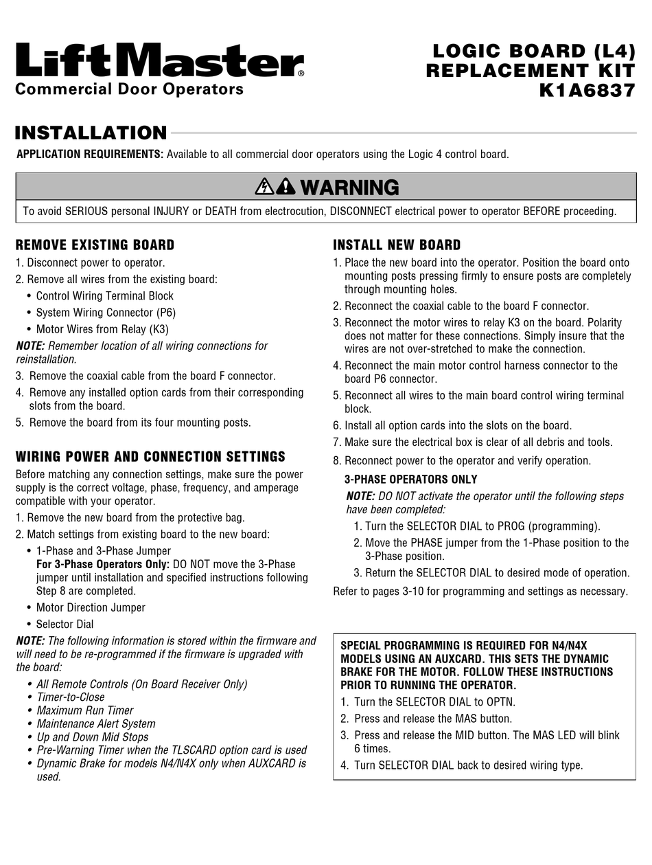 CHAMBERLAIN K1A6837 INSTALLATION MANUAL Pdf Download | ManualsLib