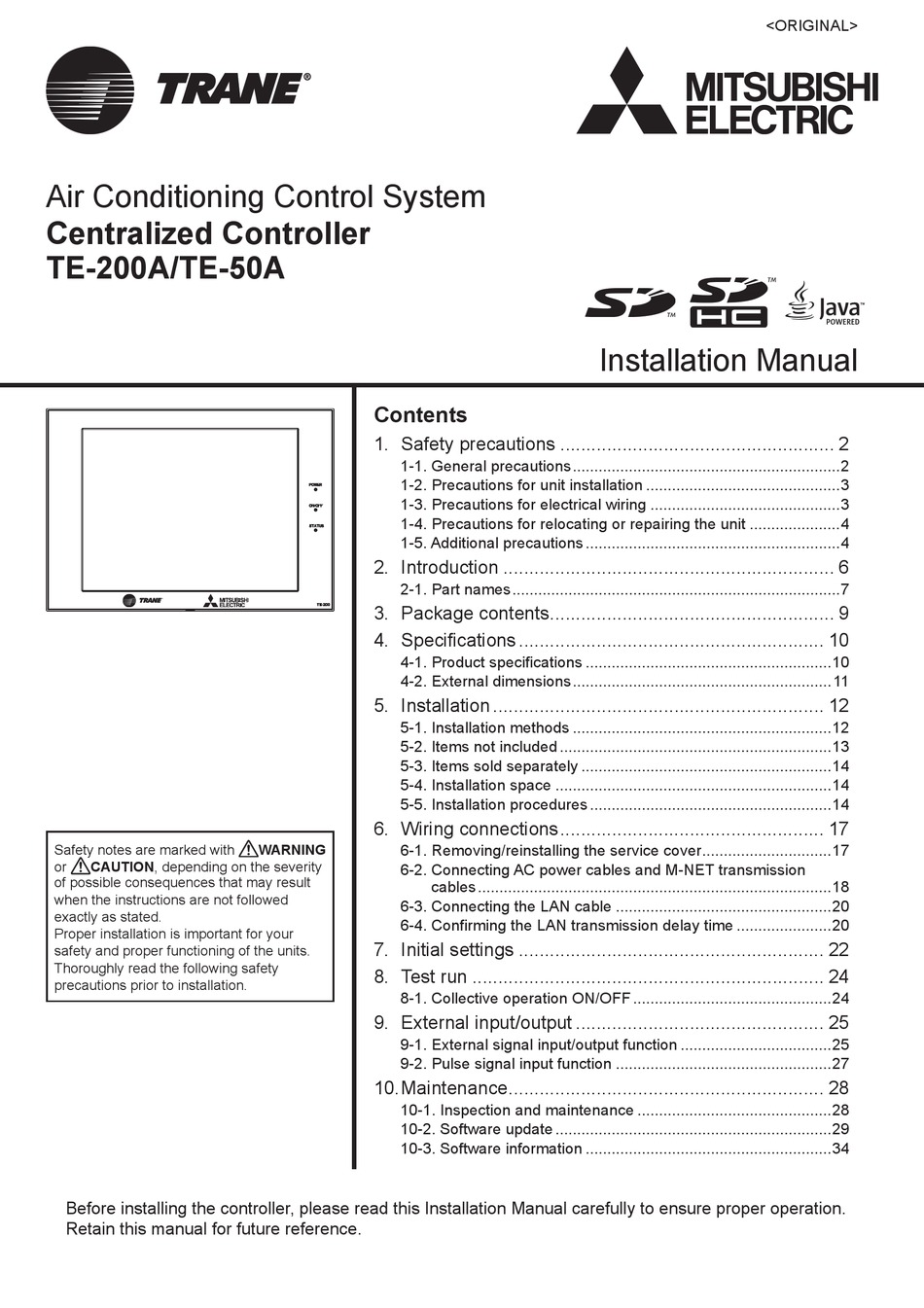 MITSUBISHI ELECTRIC TRANE TE200A INSTALLATION MANUAL Pdf Download