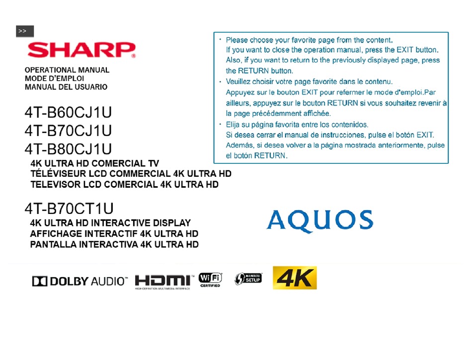SHARP AQUOS 4T80CJ1U OPERATION MANUAL Pdf Download ManualsLib