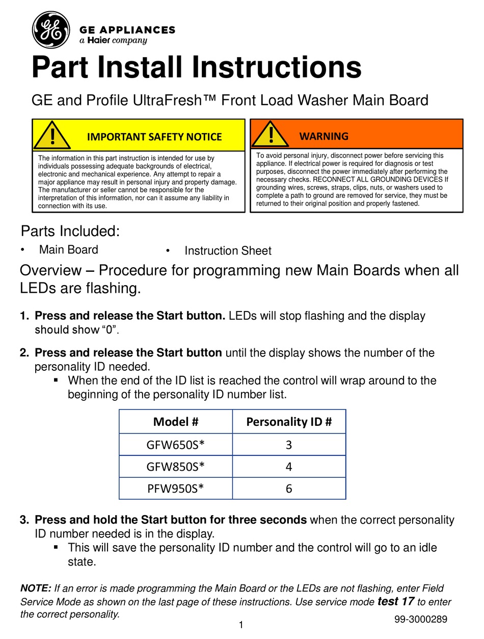 HAIER GE PROFILE ULTRAFRESH GFW650S PART INSTALL INSTRUCTIONS Pdf