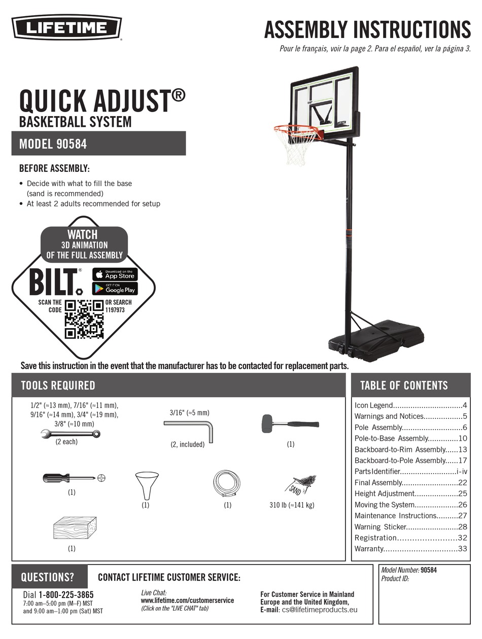 LIFETIME QUICK ADJUST 90584 ASSEMBLY INSTRUCTIONS MANUAL Pdf Download