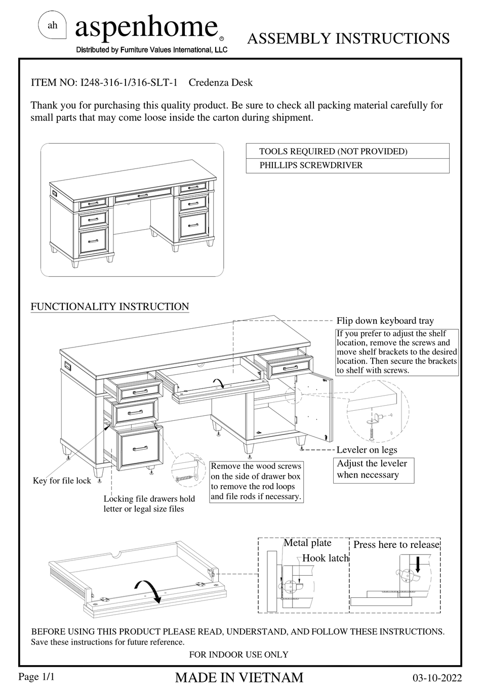 FURNITURE VALUES INTERNATIONAL ASPENHOME I2483161 ASSEMBLY