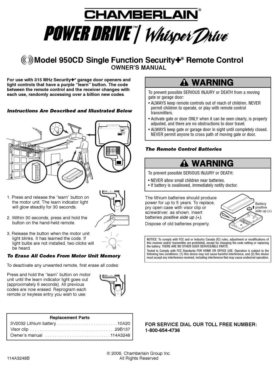 CHAMBERLAIN POWER DRIVE WHISPER DRIVE 950CD OWNER'S MANUAL Pdf Download