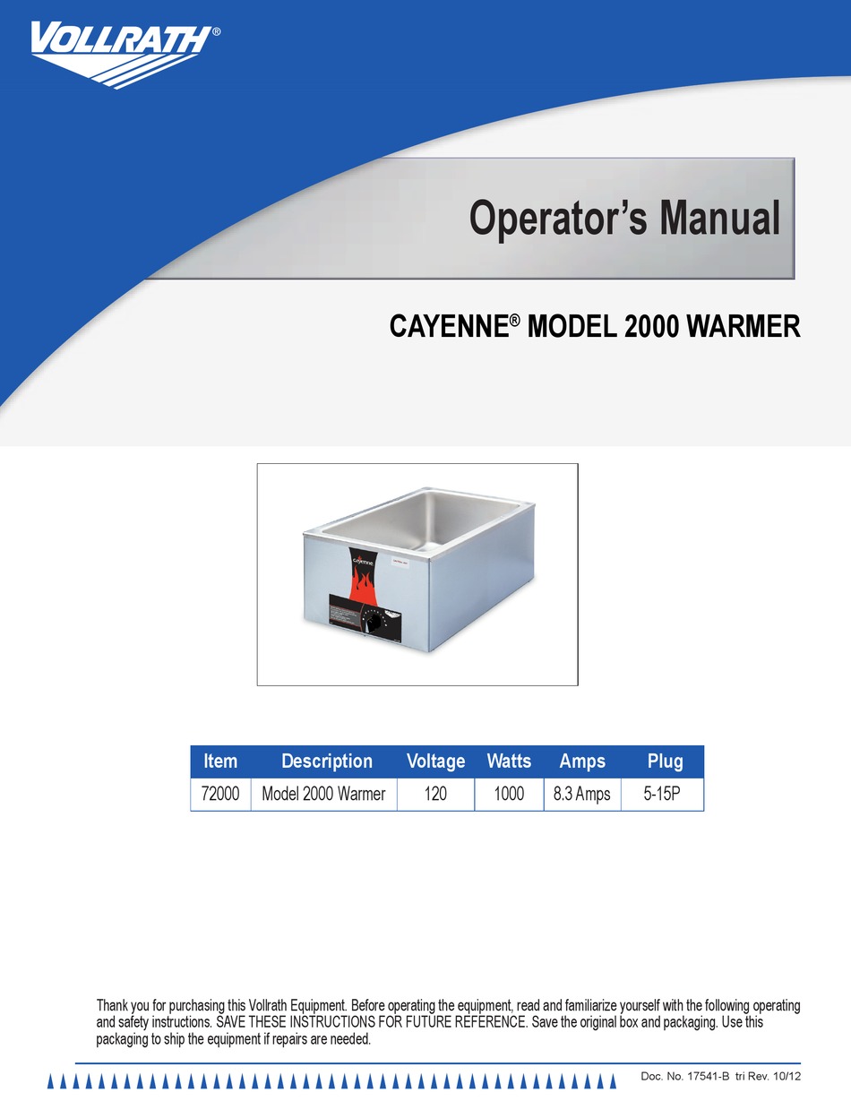 VOLLRATH 7200 OPERATOR'S MANUAL Pdf Download ManualsLib