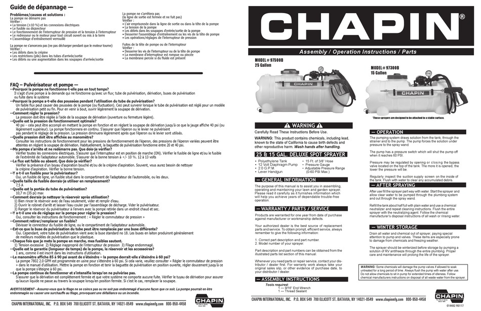 CHAPIN 97500B ASSEMBLY / OPERATION INSTRUCTIONS / PARTS Pdf Download