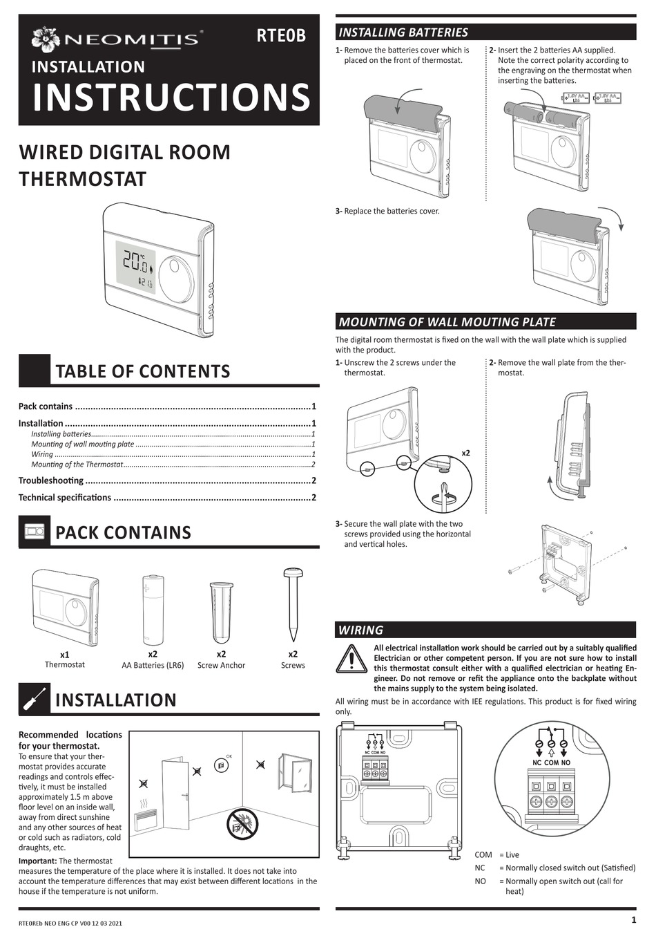 NEOMITIS RTE0B INSTALLATION INSTRUCTIONS Pdf Download | ManualsLib