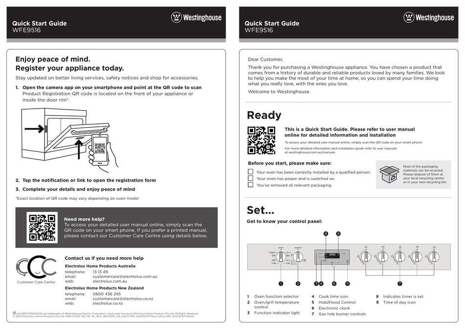 WESTINGHOUSE WFE9516 QUICK START MANUAL Pdf Download | ManualsLib