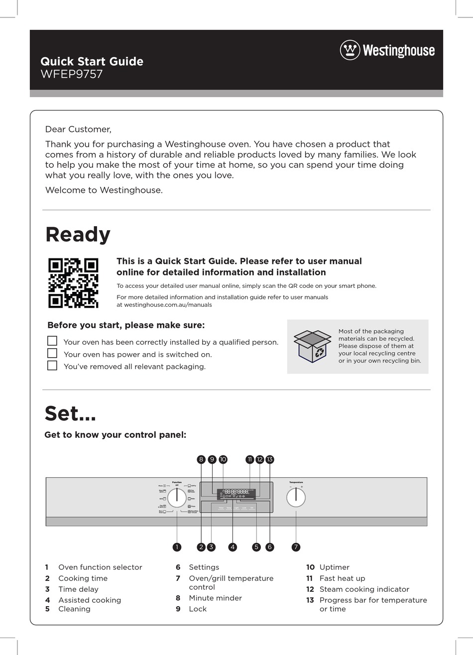 WESTINGHOUSE WFEP9757 QUICK START MANUAL Pdf Download ManualsLib