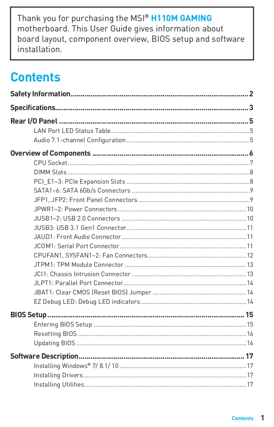MSI H110M GAMING MANUAL Pdf Download ManualsLib