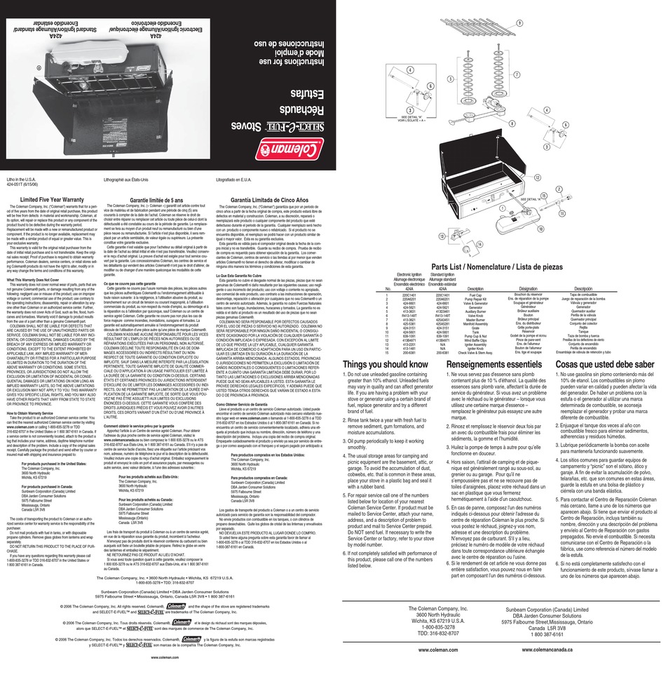 Coleman 424a instructions for use pdf download manualslib