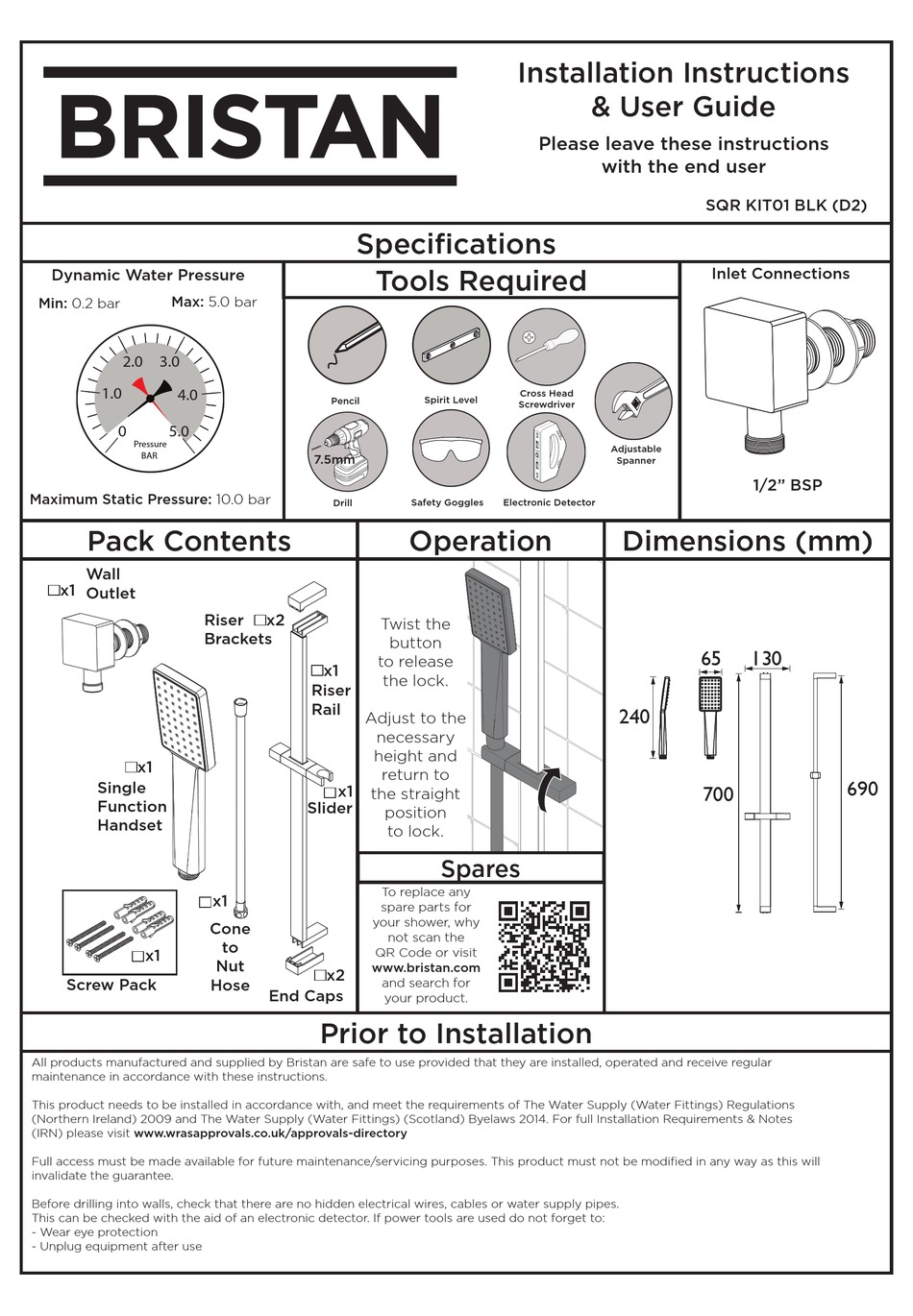 BRISTAN SQR KIT01 BLK D2 INSTALLATION INSTRUCTIONS & USER MANUAL Pdf