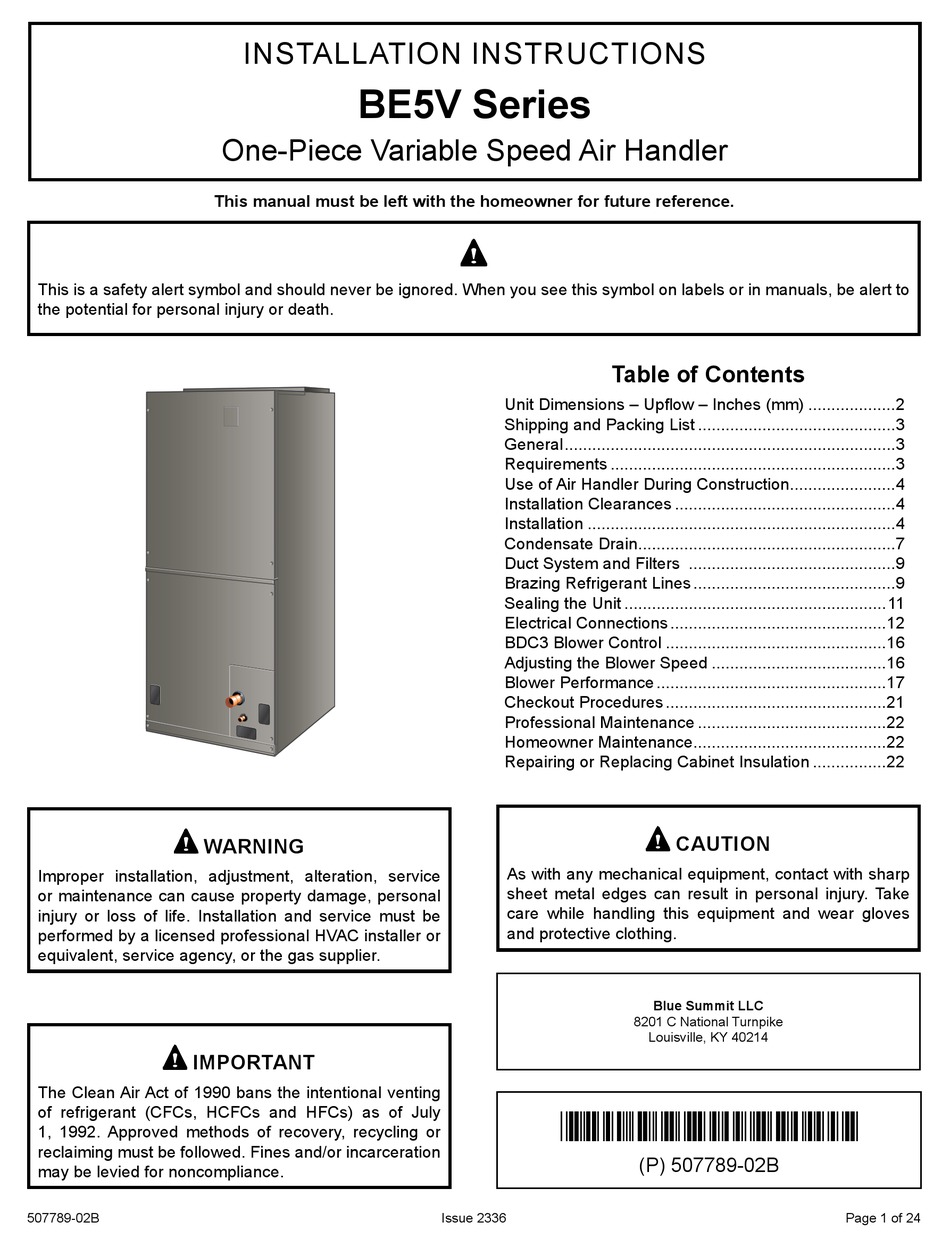 BLUERIDGE BE5V SERIES INSTALLATION INSTRUCTIONS MANUAL Pdf Download ...