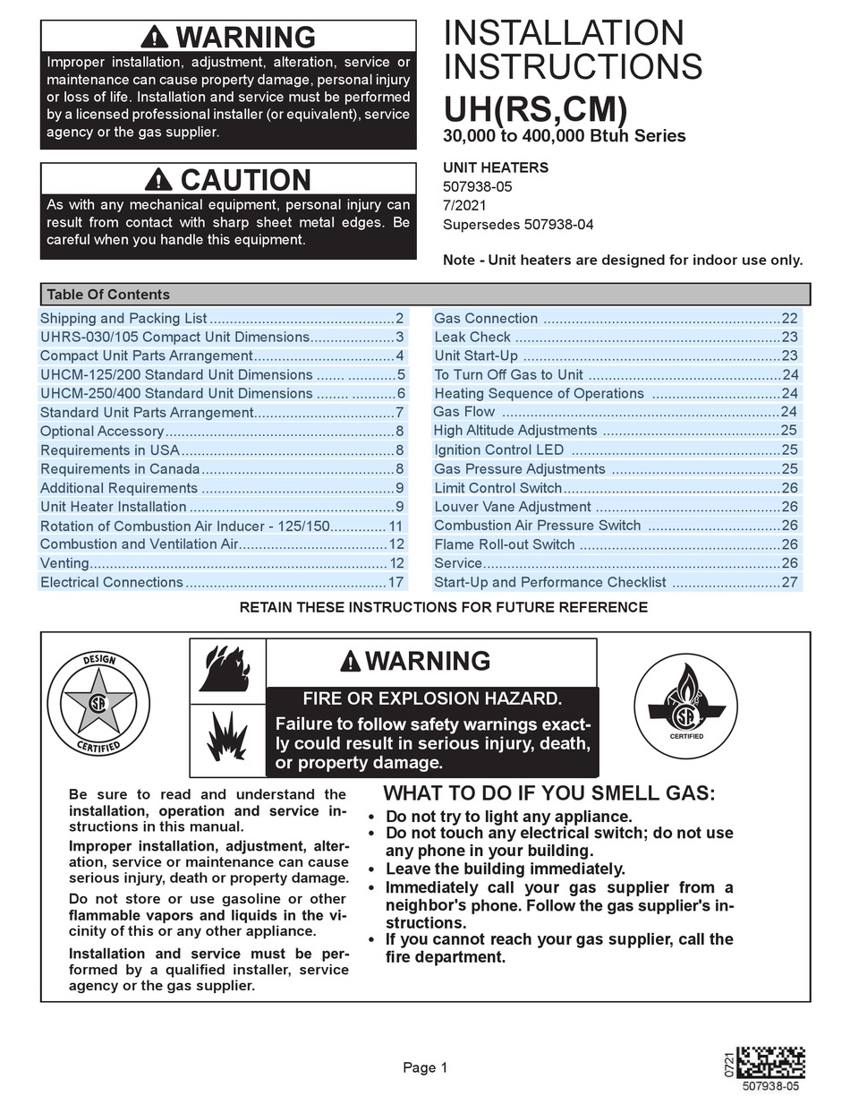 ADP UH SERIES INSTALLATION INSTRUCTIONS MANUAL Pdf Download ManualsLib