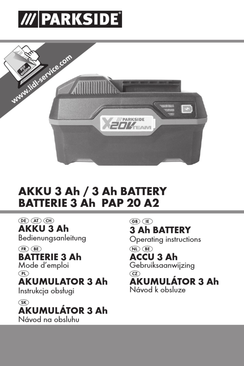 Manuel d'utilisation de la batterie rechargeable PARKSIDE PAP 20 B3 20V 4Ah
