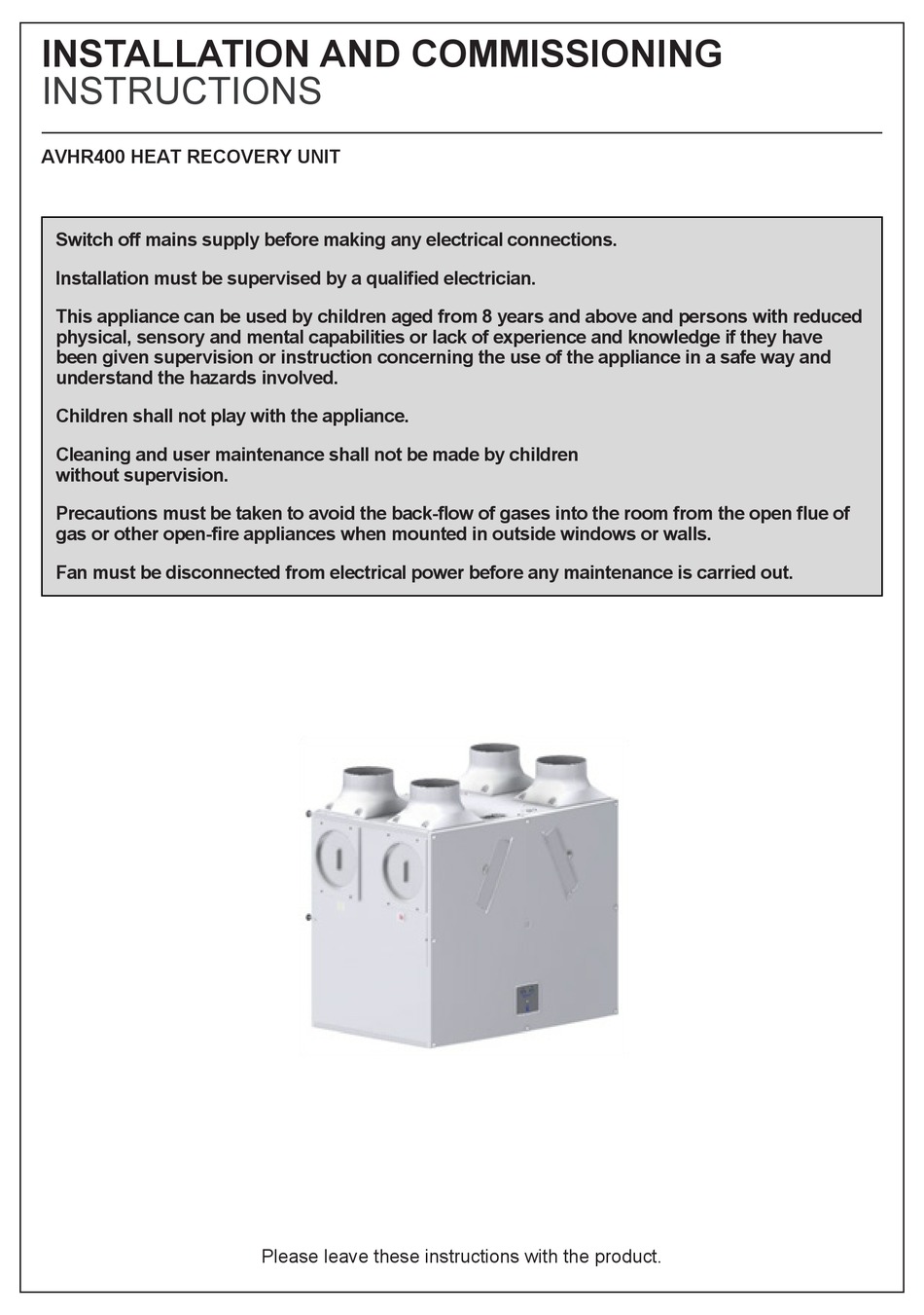 VENTAXIA AVHR400 INSTALLATION AND COMMISSIONING INSTRUCTIONS Pdf