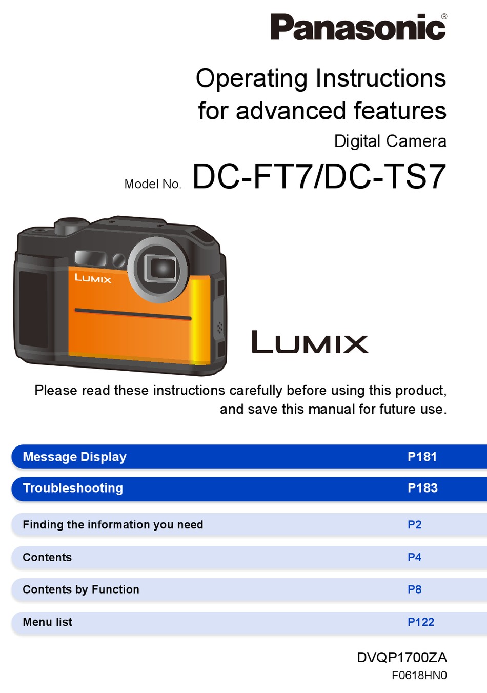 PANASONIC LUMIX DCFT7 OPERATING INSTRUCTIONS FOR ADVANCED FEATURES Pdf