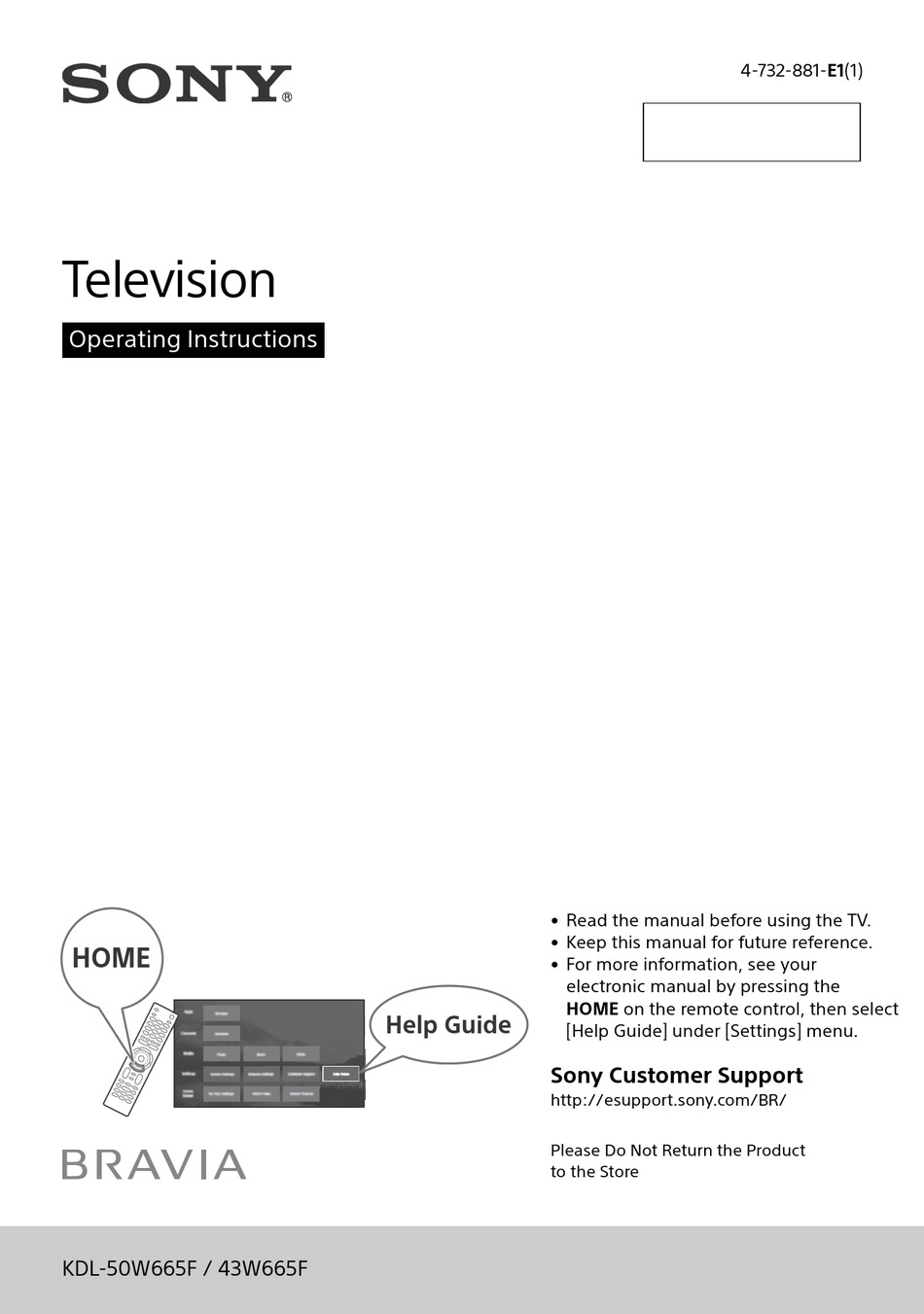 SONY BRAVIA KDL50W665F OPERATING INSTRUCTIONS MANUAL Pdf Download