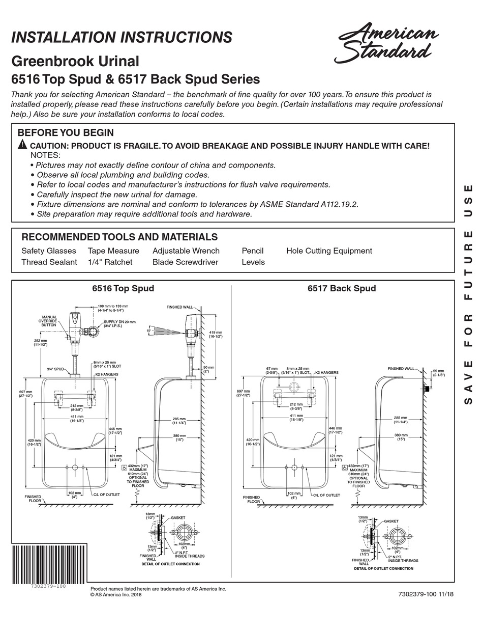 AMERICAN STANDARD 6516 TOP SPUD SERIES INSTALLATION INSTRUCTIONS MANUAL