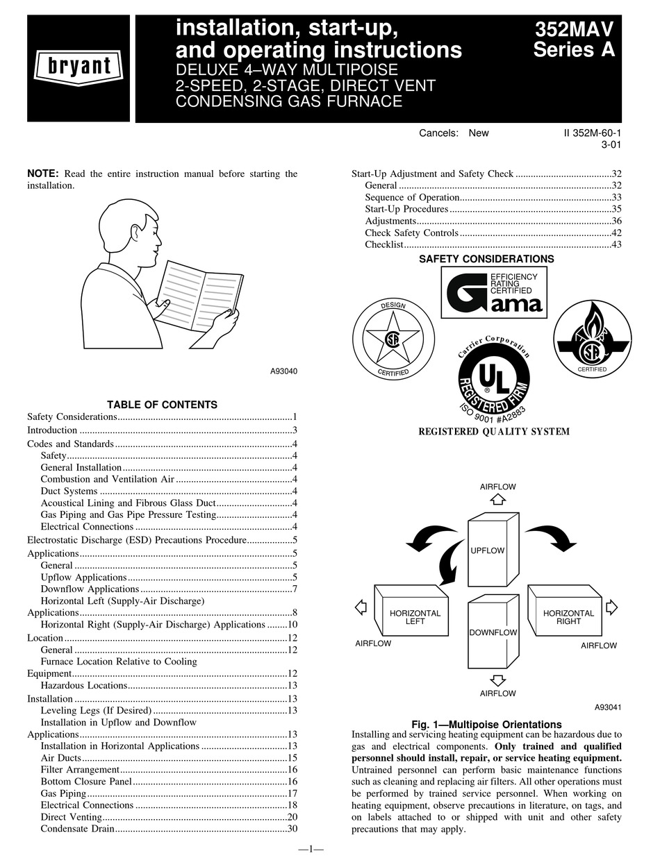 BRYANT 352MAV A SERIES INSTALLATION, START-UP, AND OPERATING ...