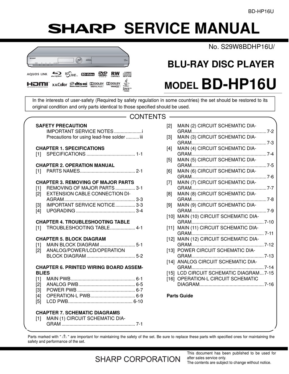 SHARP BD-HP16U SERVICE MANUAL Pdf Download | ManualsLib