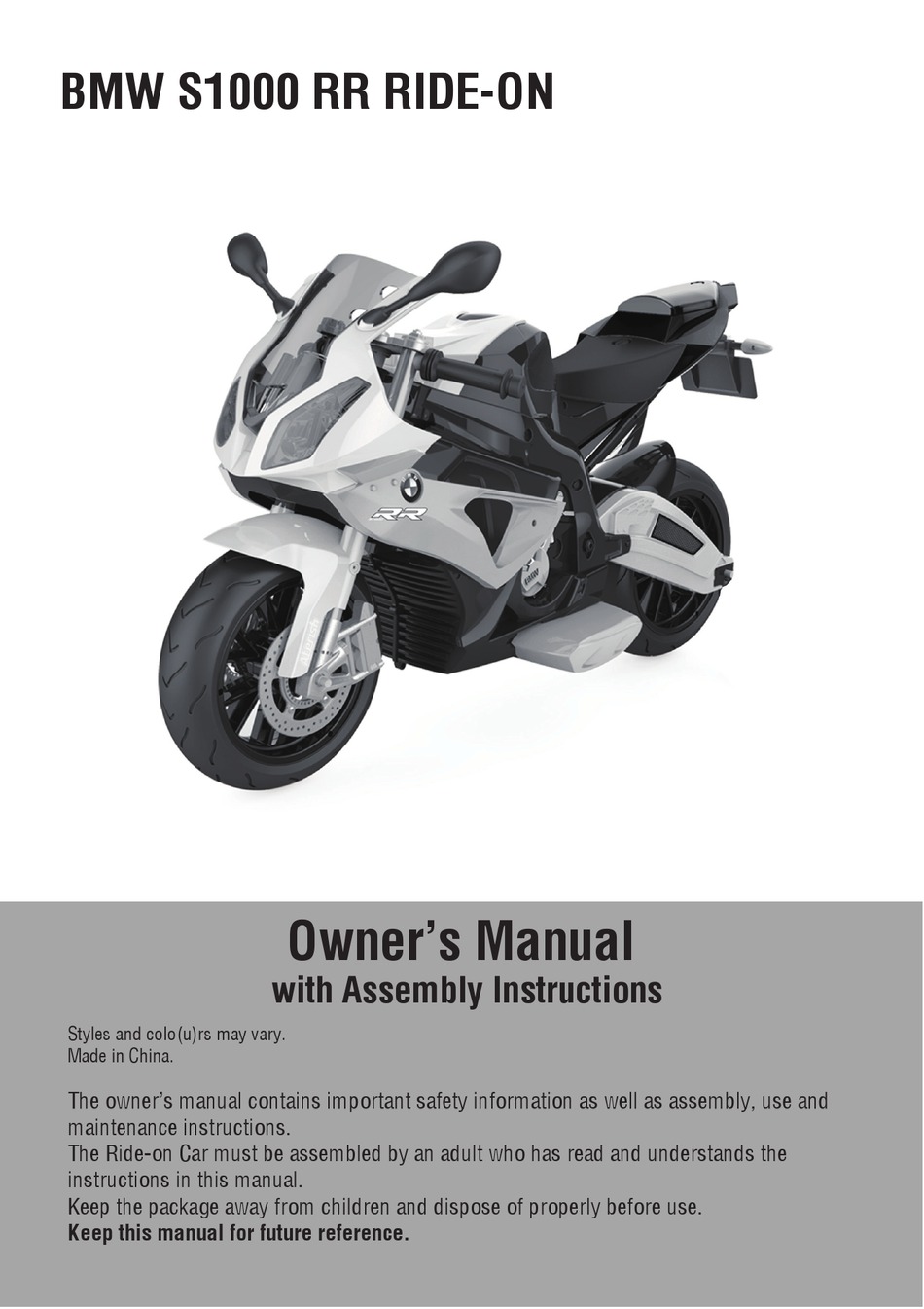 LEAN CARS BMW S1000 RR RIDEON OWNER'S MANUAL WITH ASSEMBLY