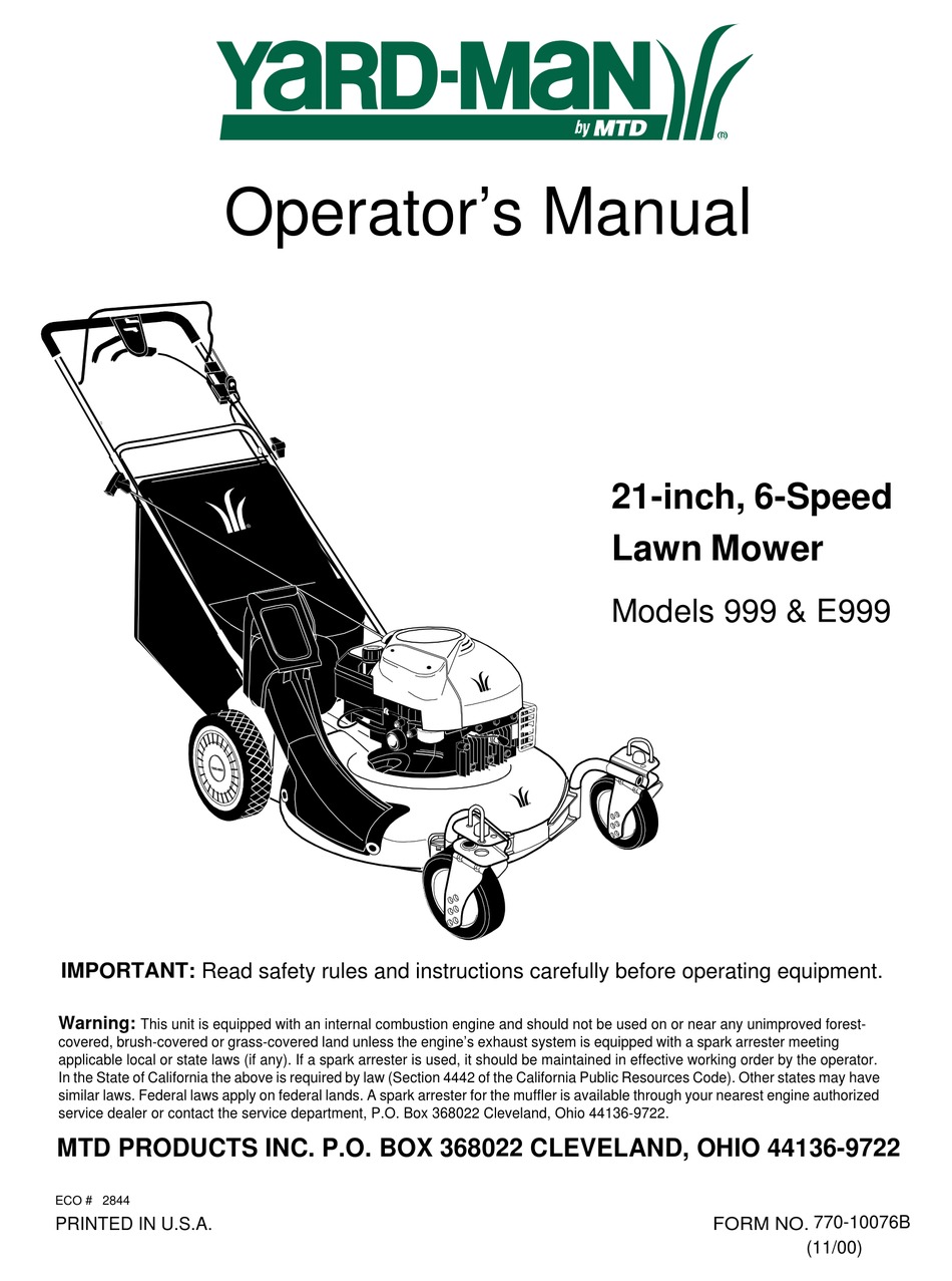 MTD YARD-MAN 999 OPERATOR'S MANUAL Pdf Download | ManualsLib