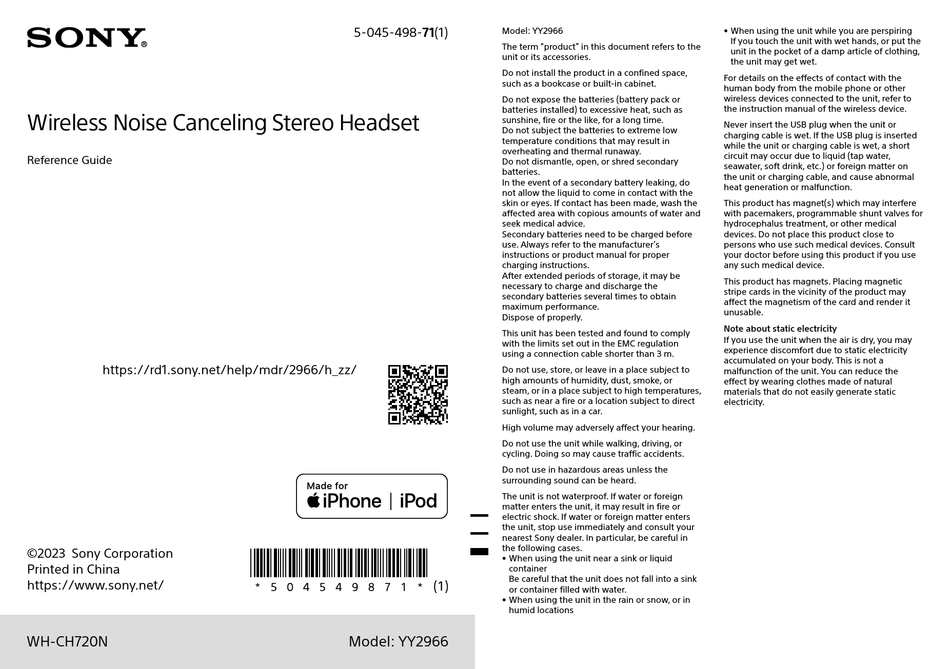 SONY WHCH720N REFERENCE MANUAL Pdf Download ManualsLib