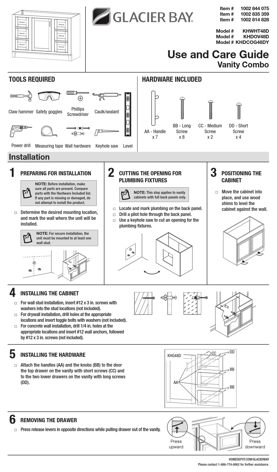 GLACIER BAY VANITY COMBO KHWHT48D USE AND CARE MANUAL Pdf Download
