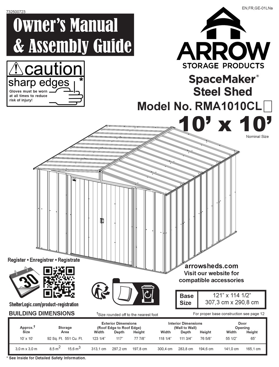ARROW STORAGE PRODUCTS SPACEMAKER RMA1010CL OWNER'S MANUAL & ASSEMBLY MANUAL Pdf Download
