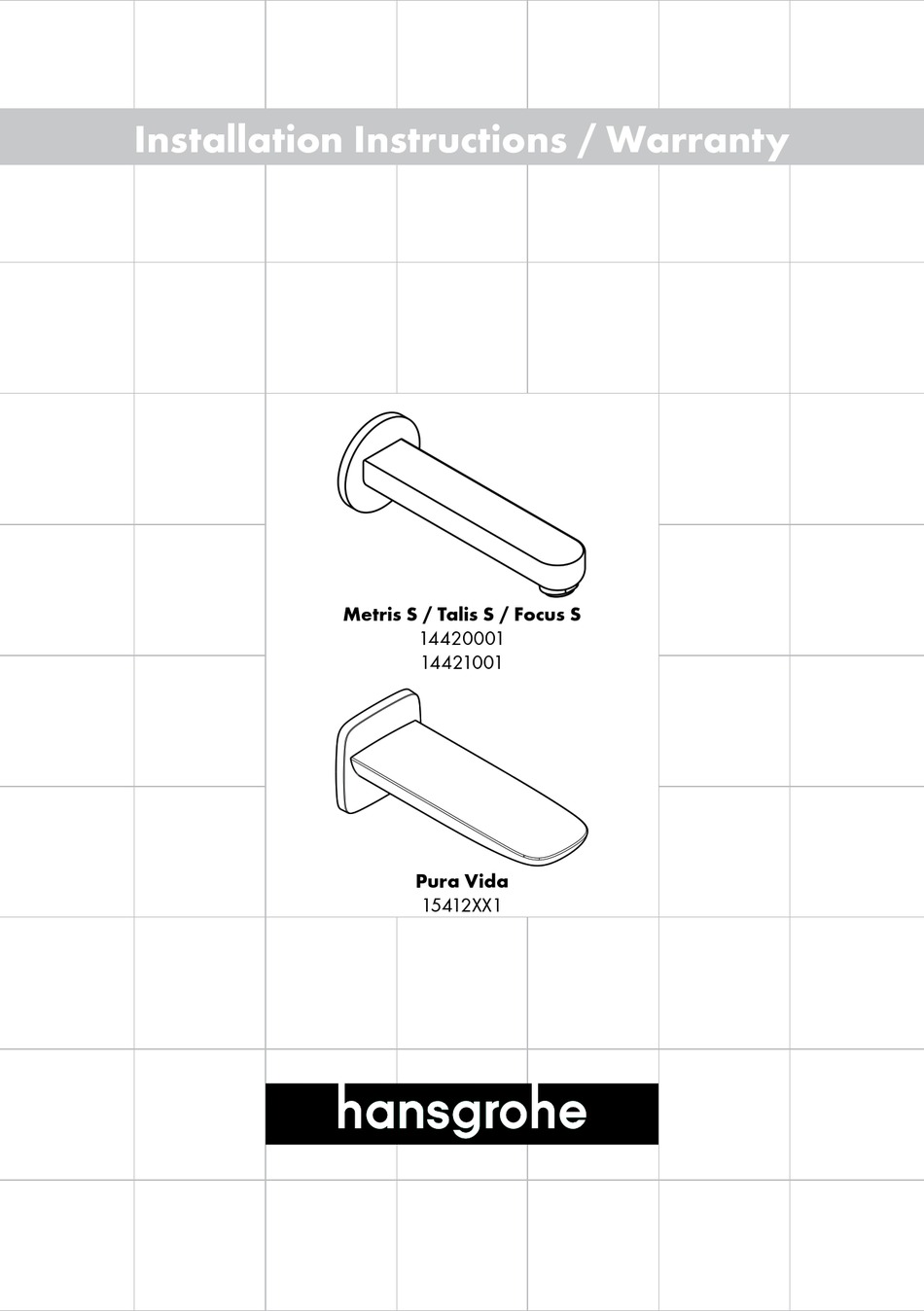 HANS GROHE PURA VIDA 15412 1 SERIES INSTALLATION INSTRUCTIONS