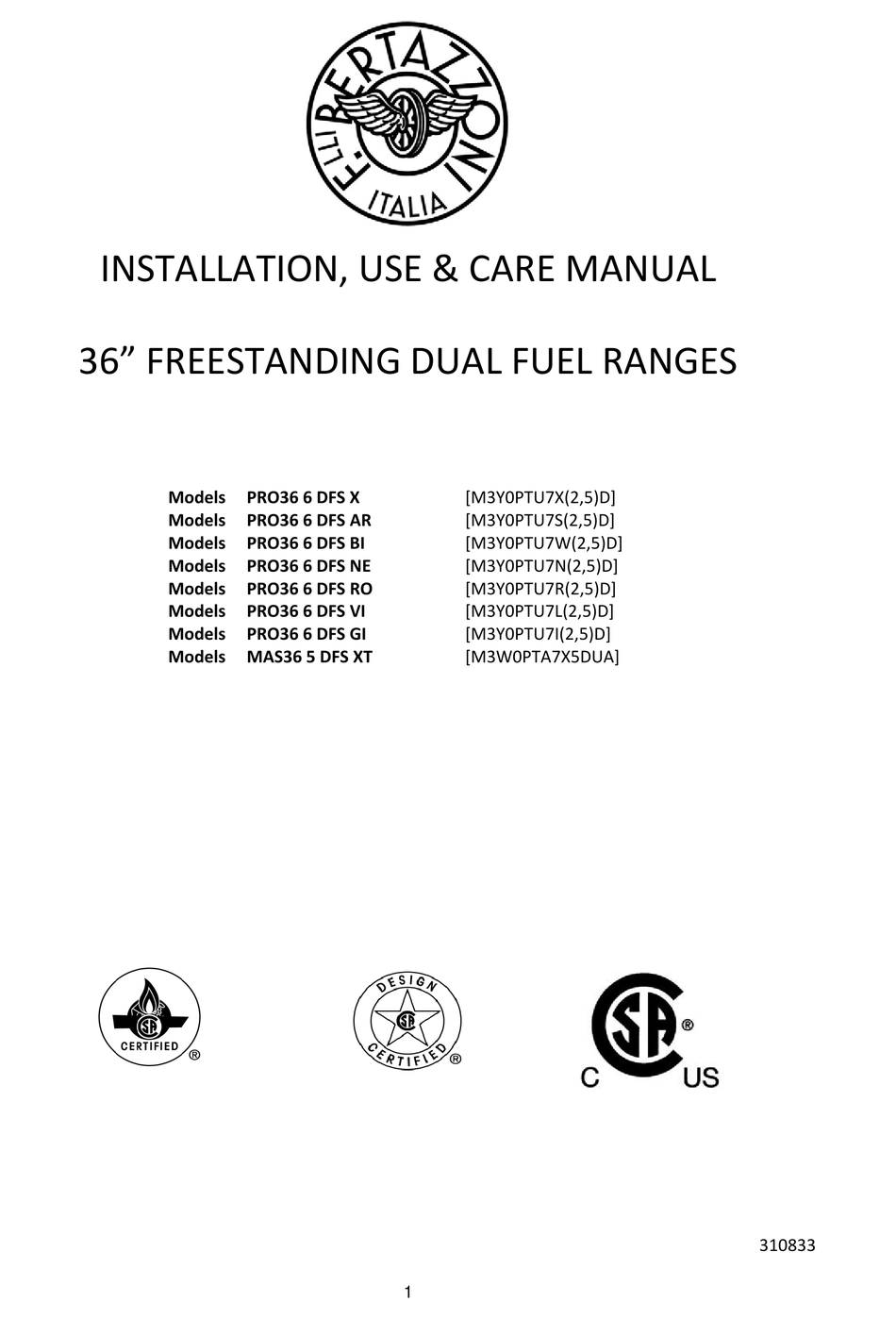 BERTAZZONI PRO36 6 DFS X INSTALLATION, USE & CARE MANUAL Pdf Download ...