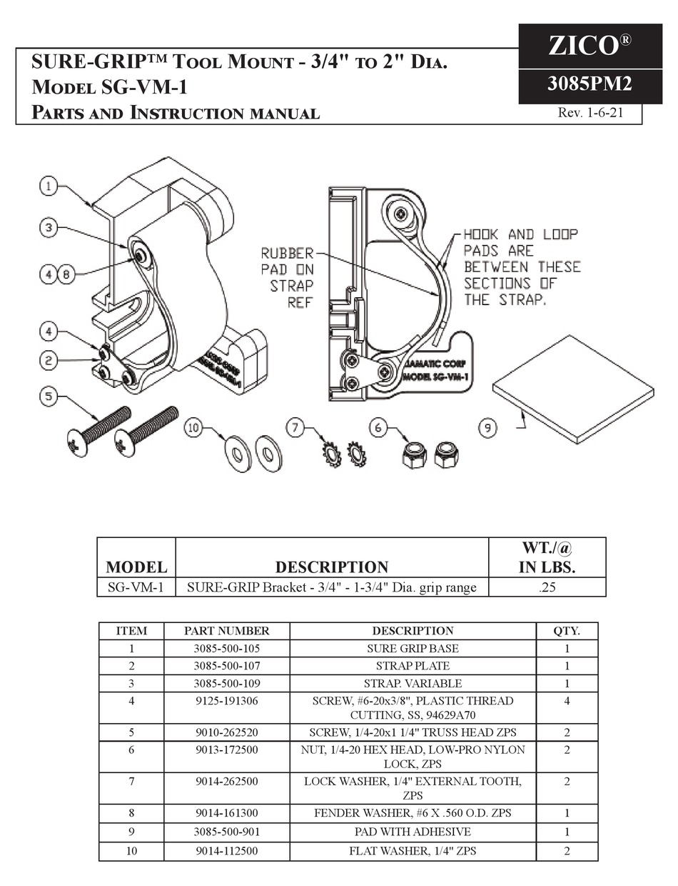 ZICO SUREGRIP SGVM1 PARTS AND INSTRUCTION MANUAL Pdf Download
