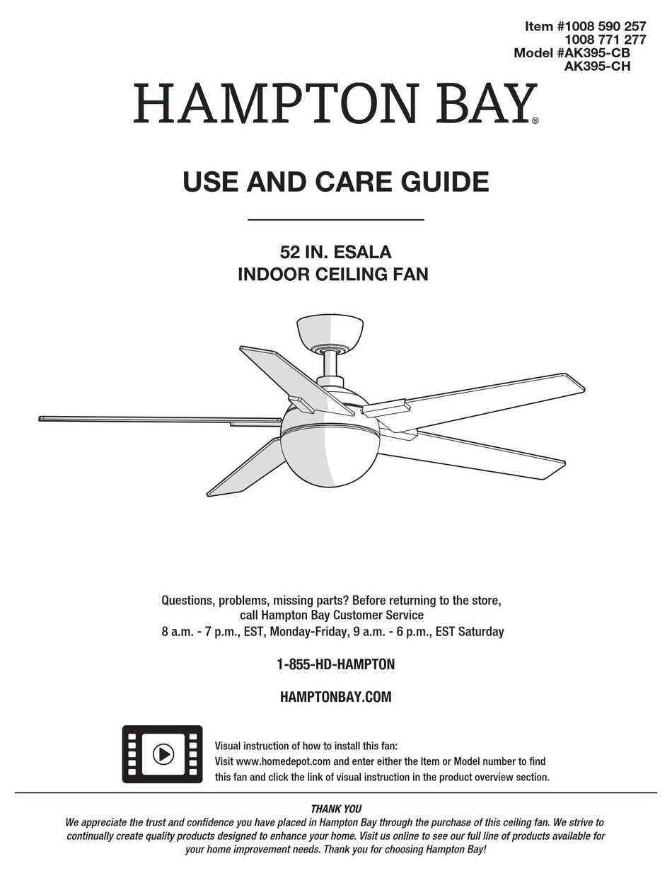 HAMPTON BAY ESALA AK395CB USE AND CARE MANUAL Pdf Download ManualsLib