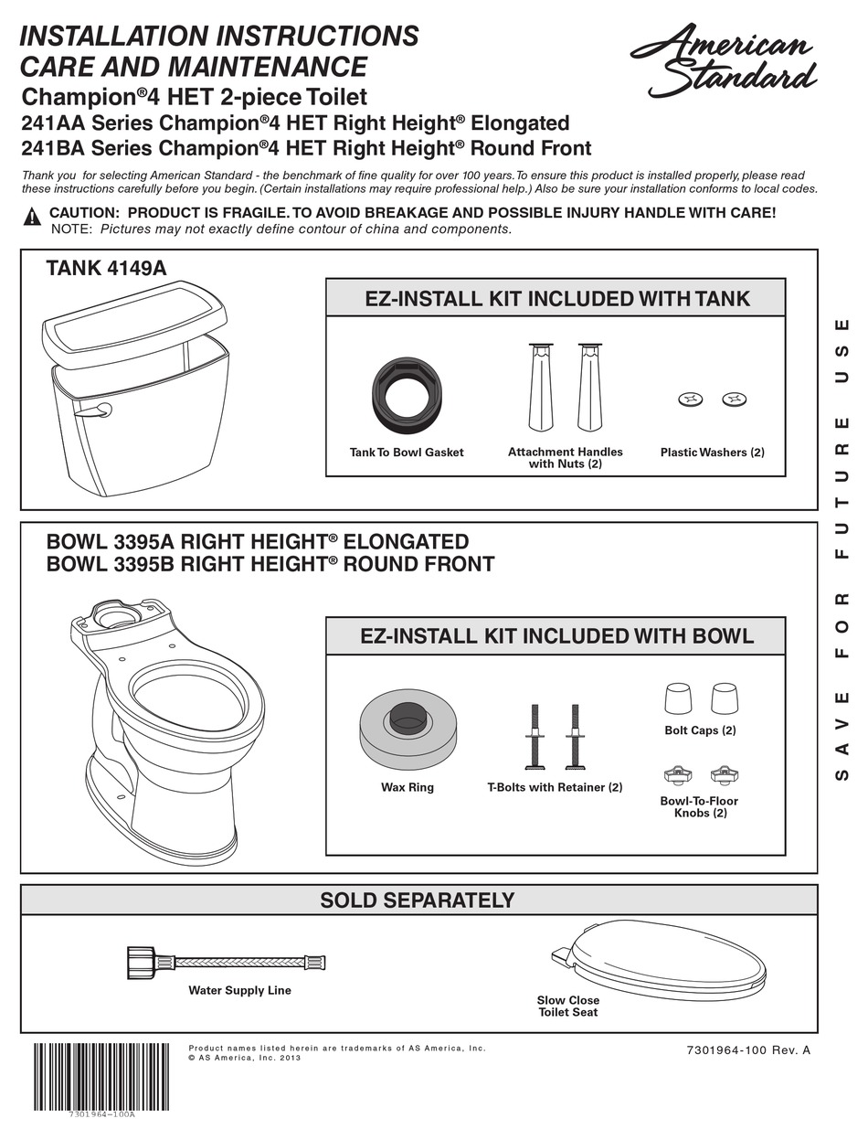 AMERICAN STANDARD CHAMPION 4 HET 241AA SERIES INSTALLATION INSTRUCTIONS
