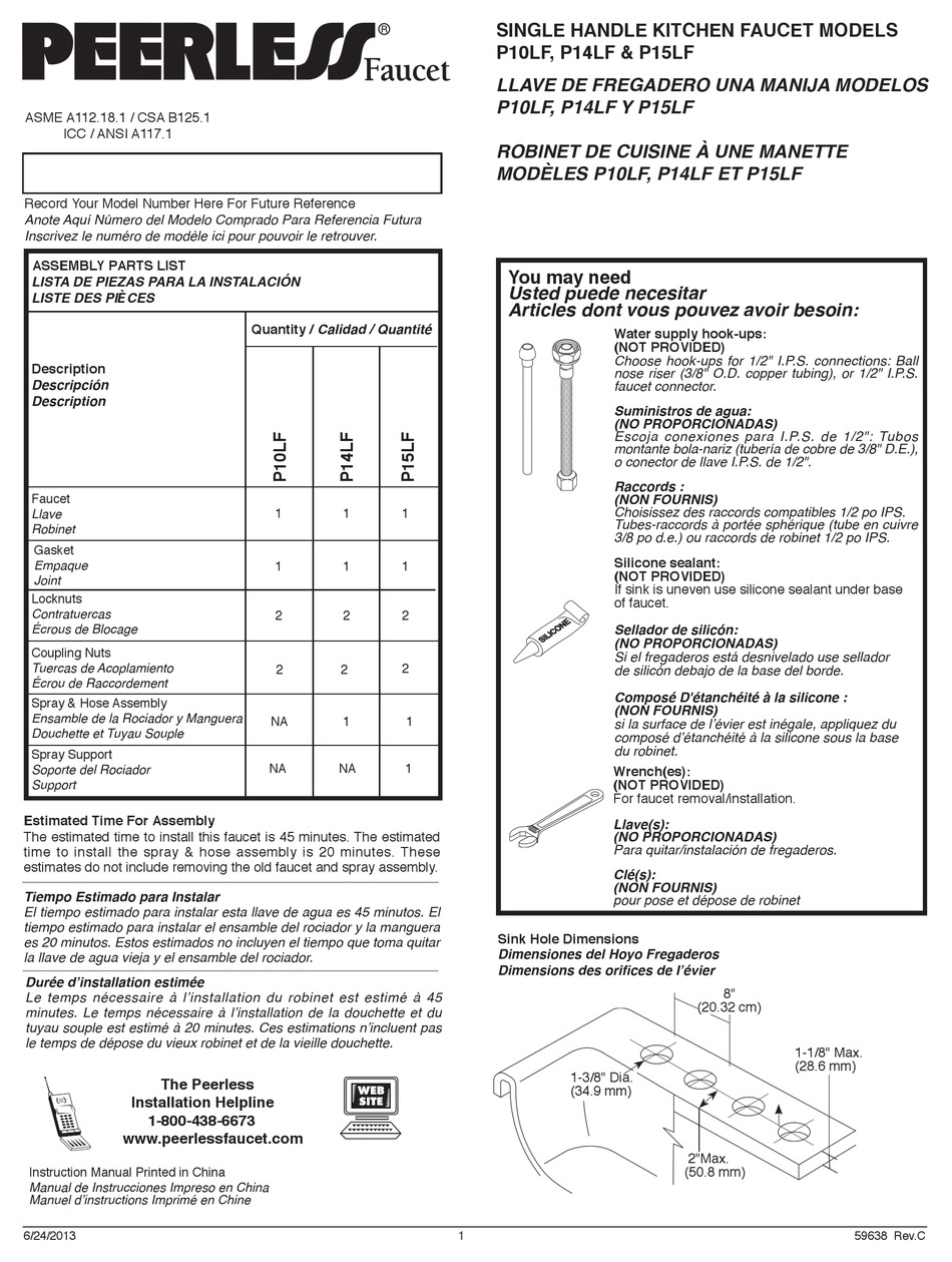 PEERLESS FAUCET P10LF ASSEMBLY INSTRUCTIONS MANUAL Pdf Download