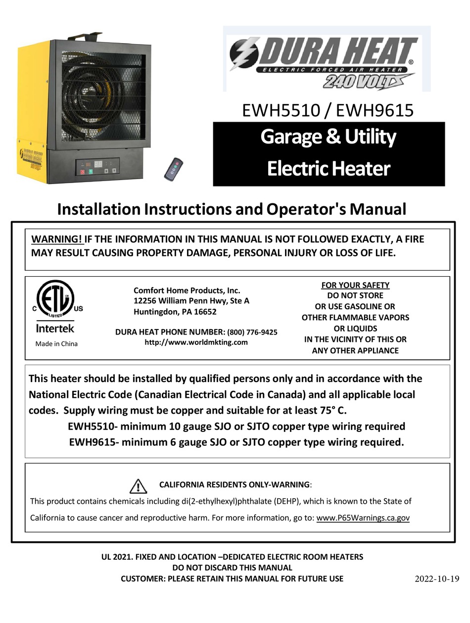 DURA HEAT EWH5510 INSTALLATION INSTRUCTIONS AND OPERATORS MANUAL Pdf