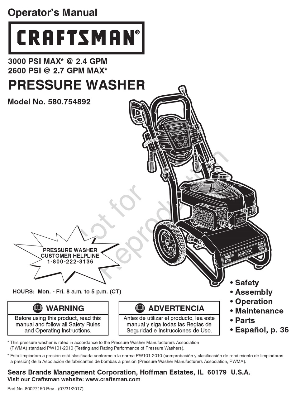 SEARS CRAFTSMAN 580.754892 OPERATOR'S MANUAL Pdf Download | ManualsLib