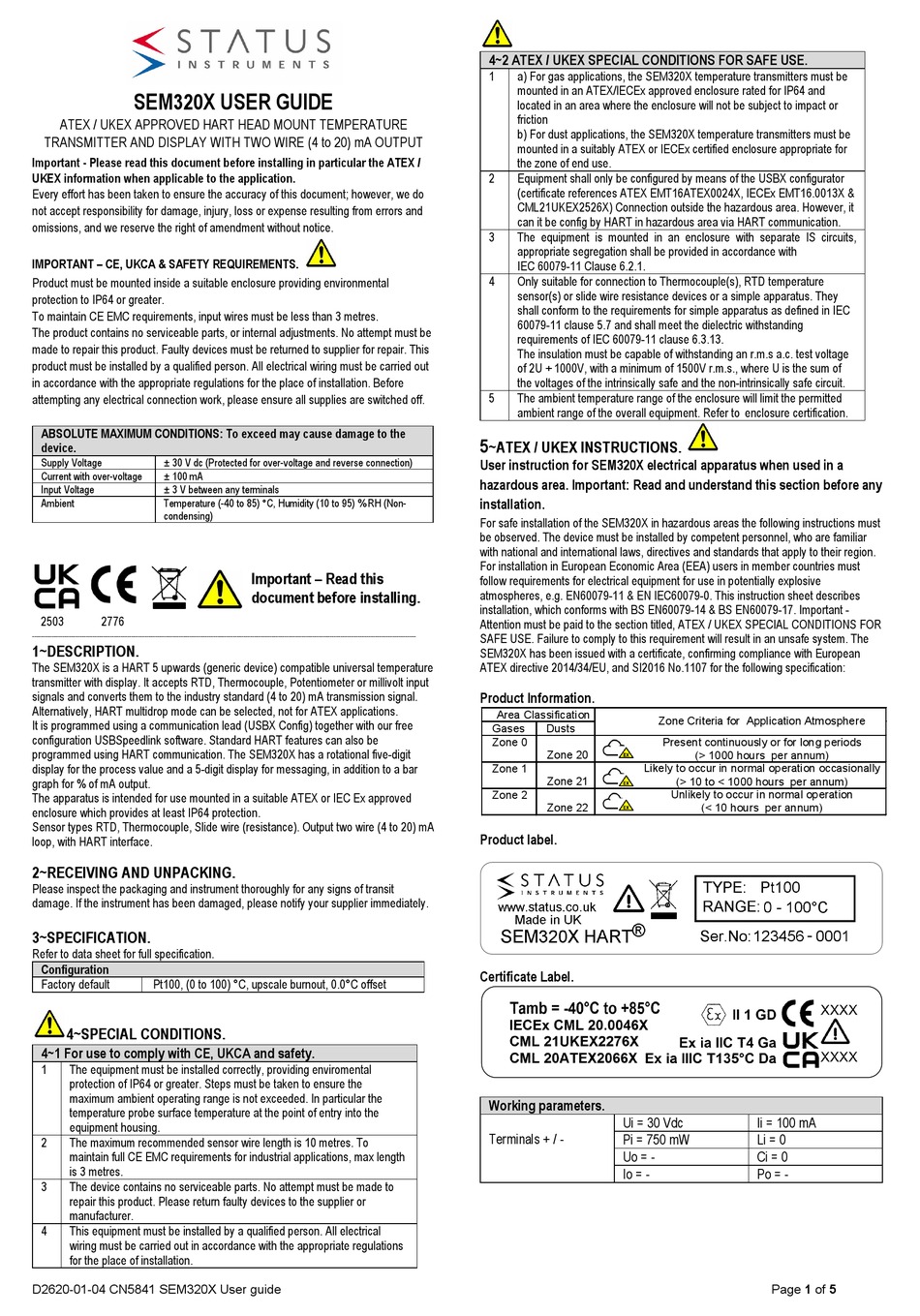 STATUS SEM320/55 USER MANUAL Pdf Download | ManualsLib