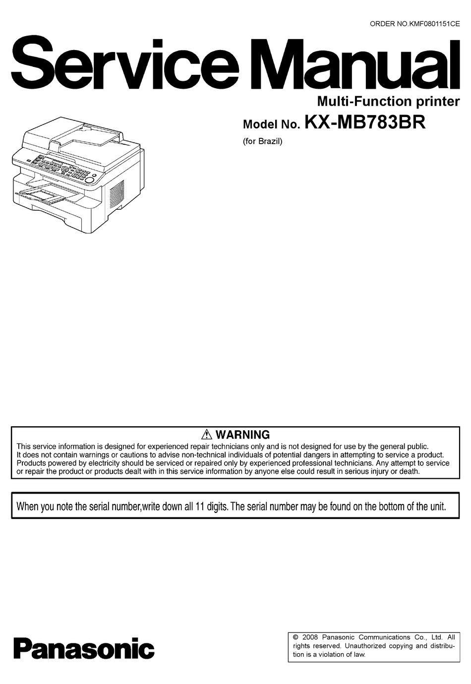 PANASONIC KX-MB783BR SERVICE MANUAL Pdf Download | ManualsLib