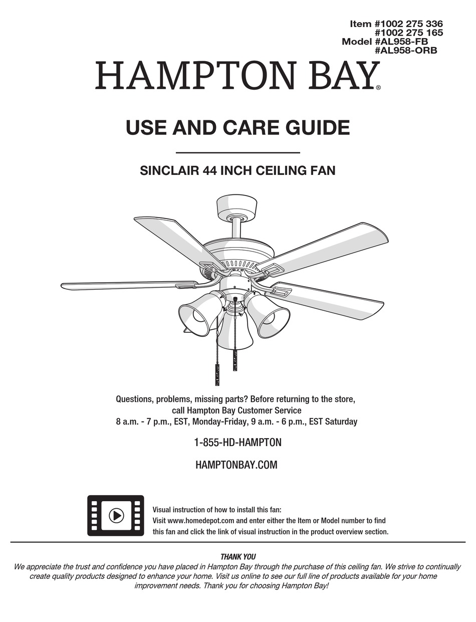 HAMPTON BAY SINCLAIR AL958FB USE AND CARE MANUAL Pdf Download ManualsLib